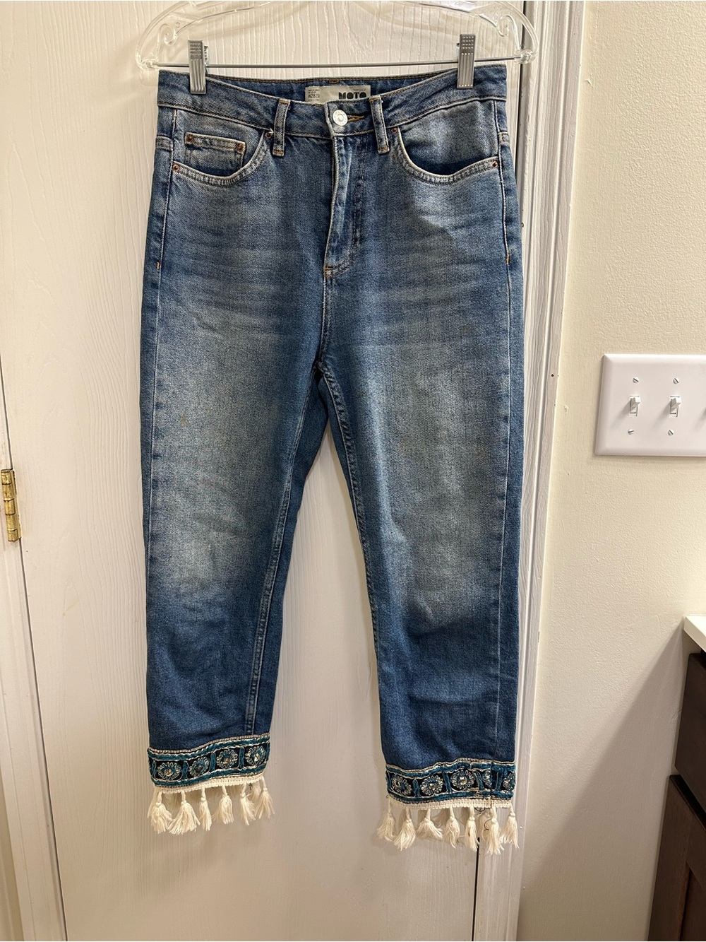 Topshop Mid-Blue Cropped Jeans with Embroidered Tassel Hem